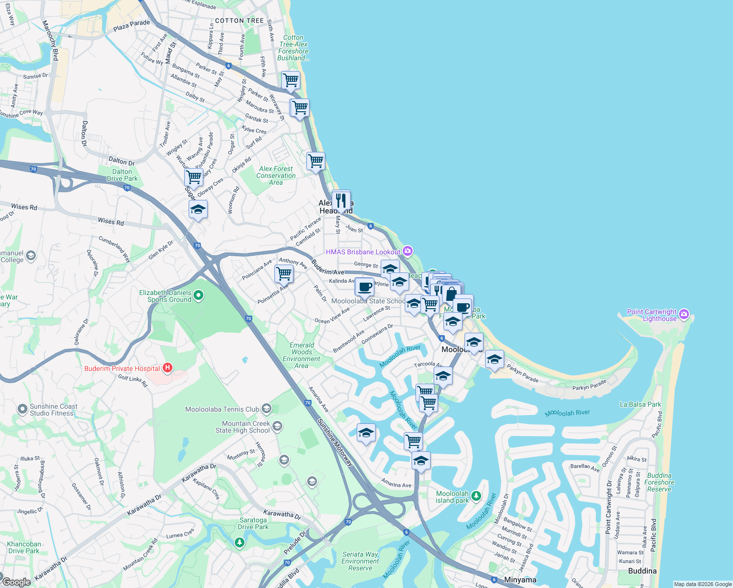 map of restaurants, bars, coffee shops, grocery stores, and more near 1 Pettigrew Street in Mooloolaba