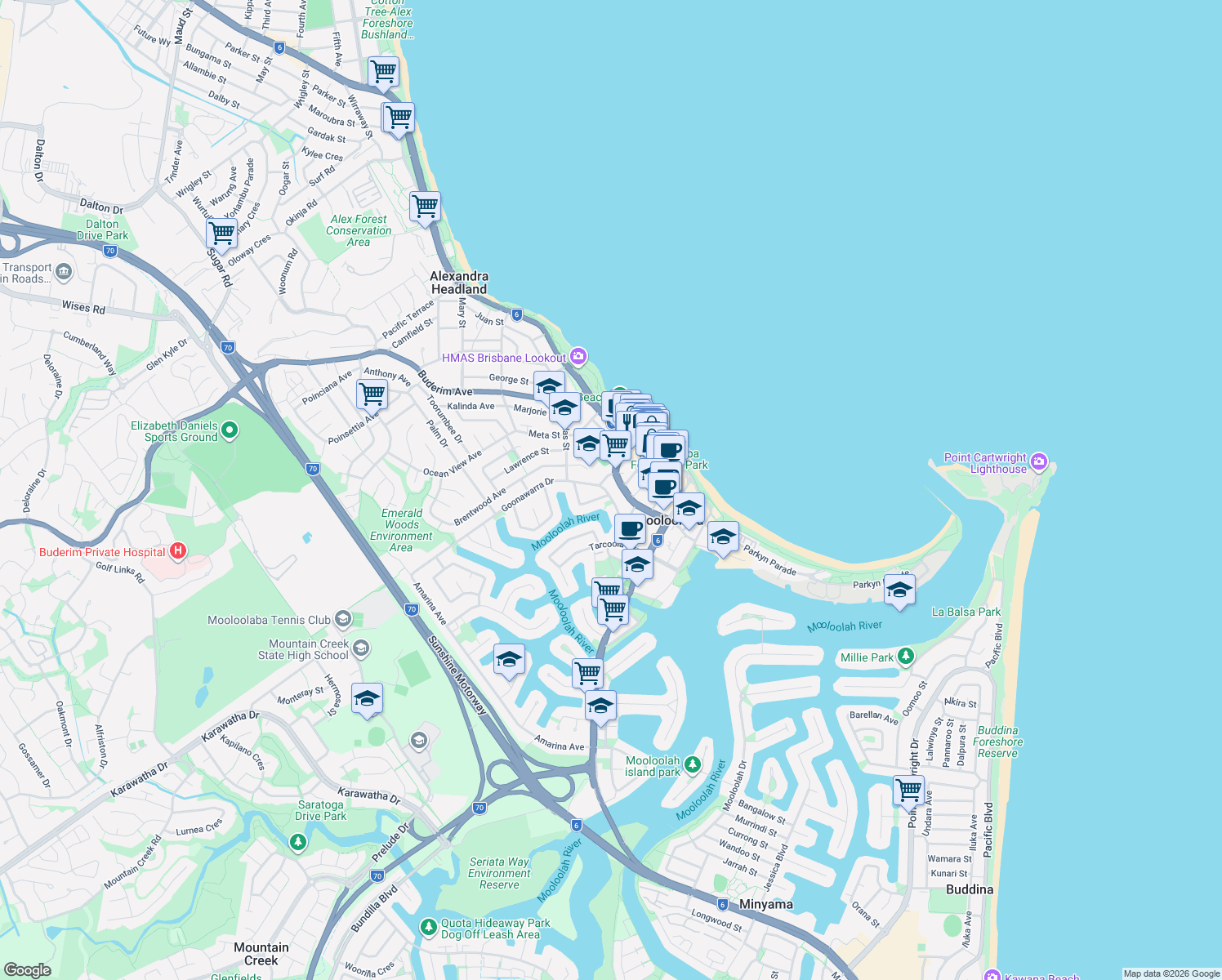 map of restaurants, bars, coffee shops, grocery stores, and more near 32 Goonawarra Drive in Mooloolaba
