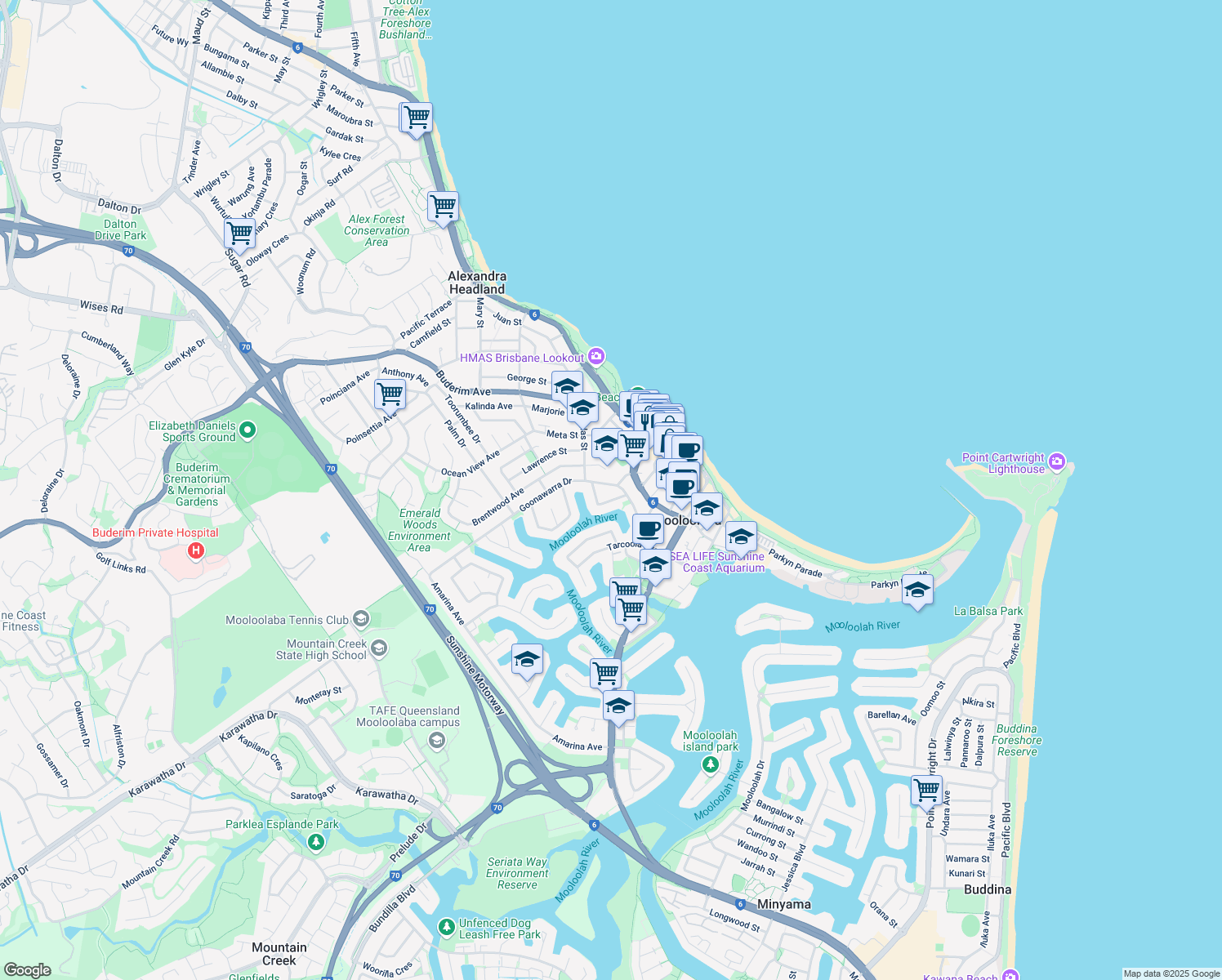 map of restaurants, bars, coffee shops, grocery stores, and more near 33 Goonawarra Drive in Mooloolaba