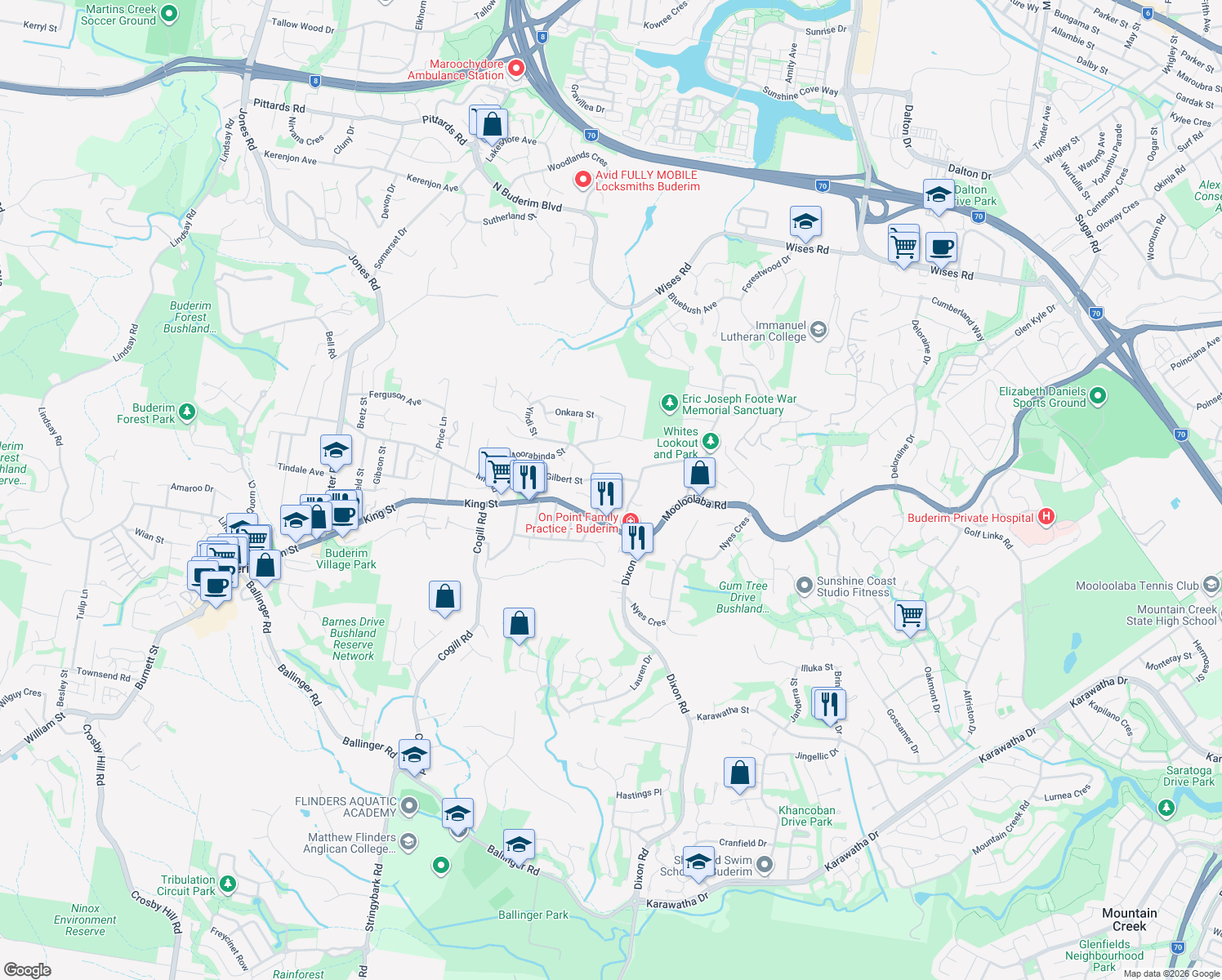 map of restaurants, bars, coffee shops, grocery stores, and more near 6 Scanlan Court in Buderim