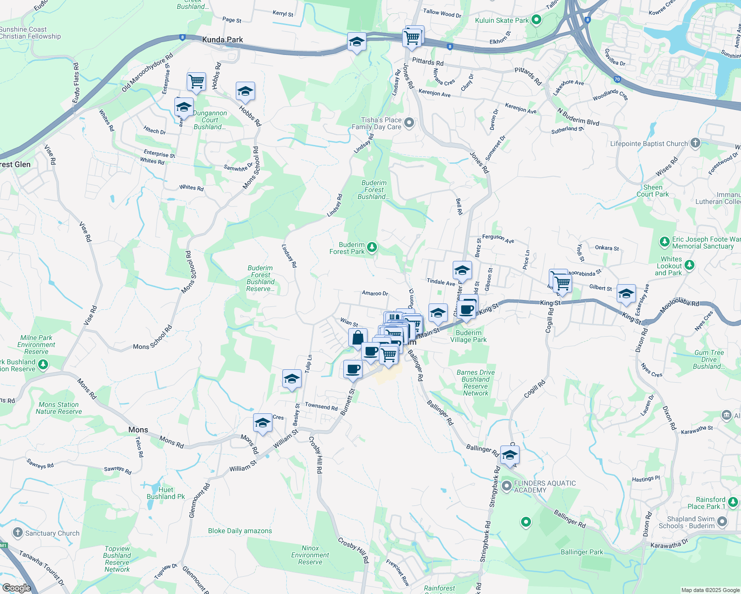 map of restaurants, bars, coffee shops, grocery stores, and more near 25 Amaroo Drive in Buderim