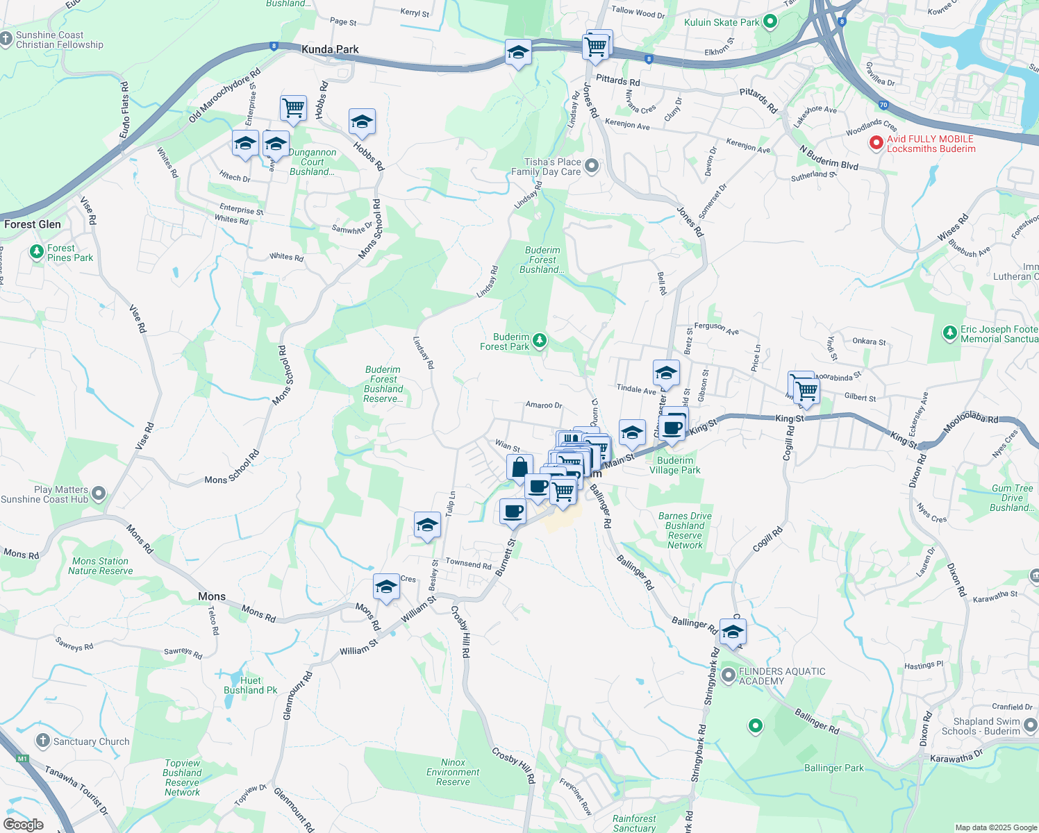 map of restaurants, bars, coffee shops, grocery stores, and more near 60 Lindsay Road in Buderim