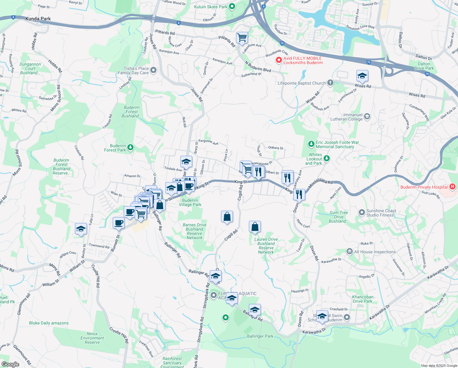 map of restaurants, bars, coffee shops, grocery stores, and more near 72 King Street in Buderim