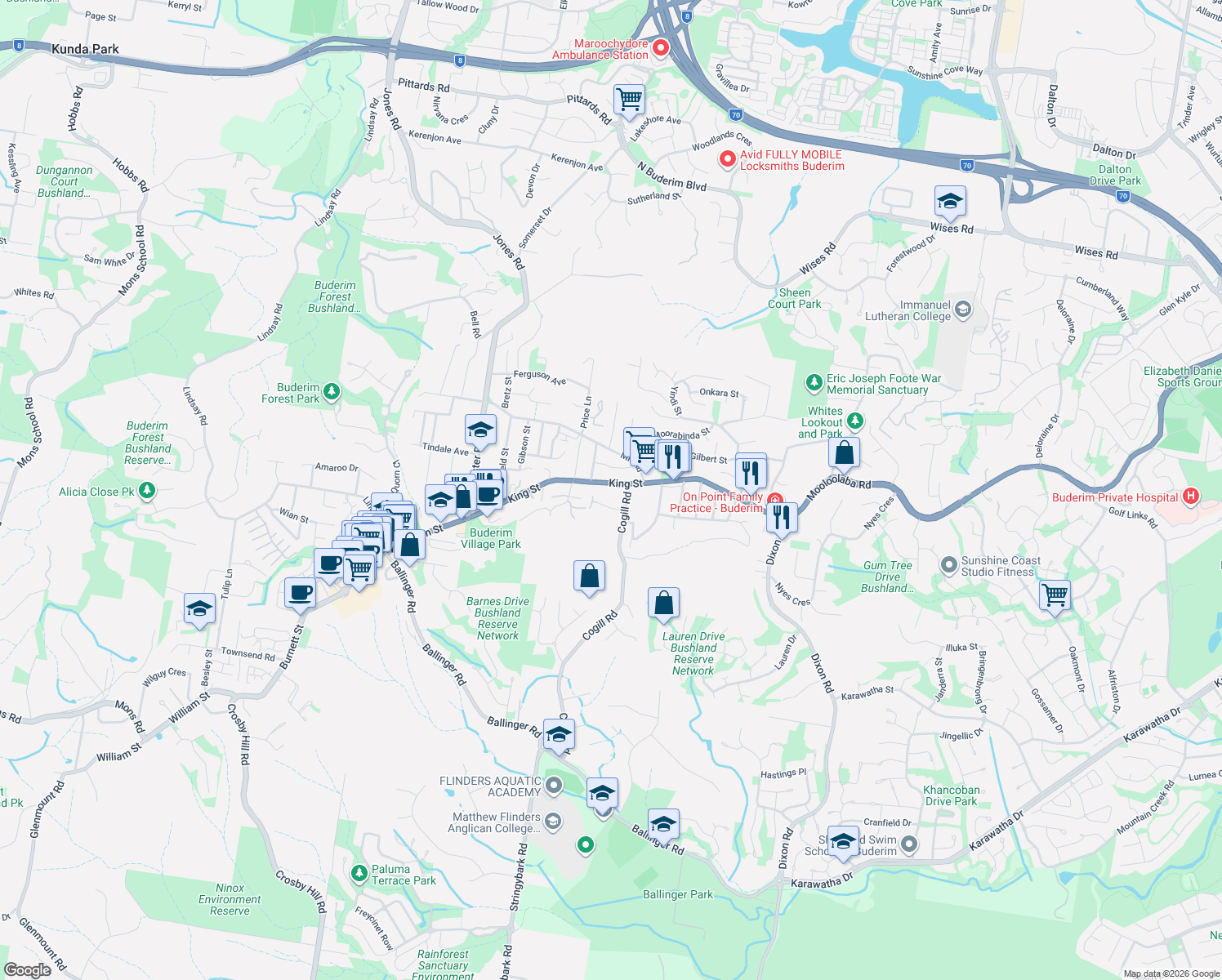 map of restaurants, bars, coffee shops, grocery stores, and more near 80 King Street in Buderim