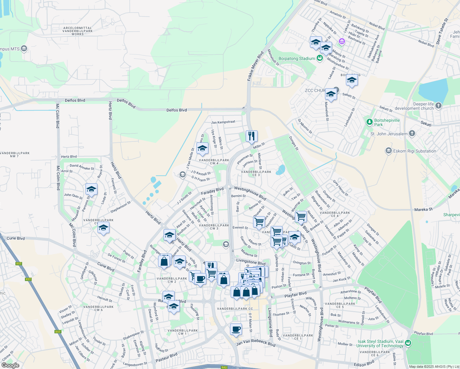 map of restaurants, bars, coffee shops, grocery stores, and more near in Vanderbijlpark