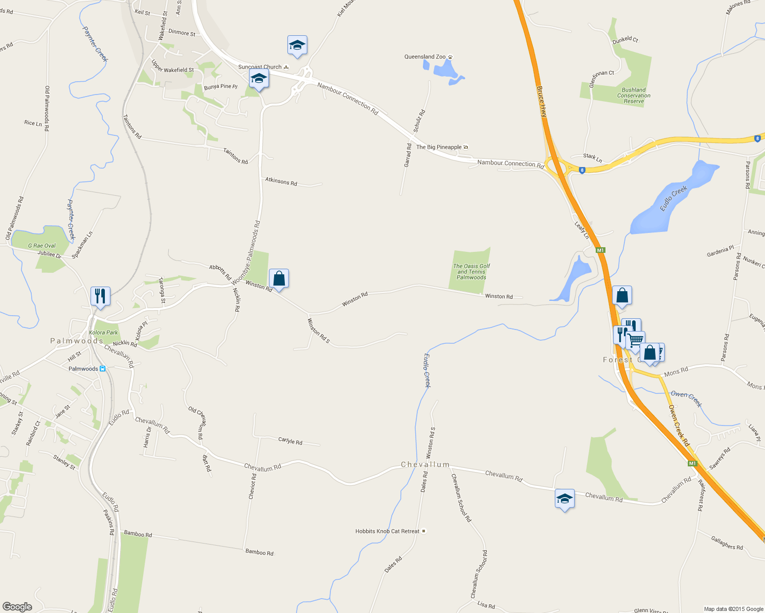 map of restaurants, bars, coffee shops, grocery stores, and more near 120 Winston Road in Chevallum