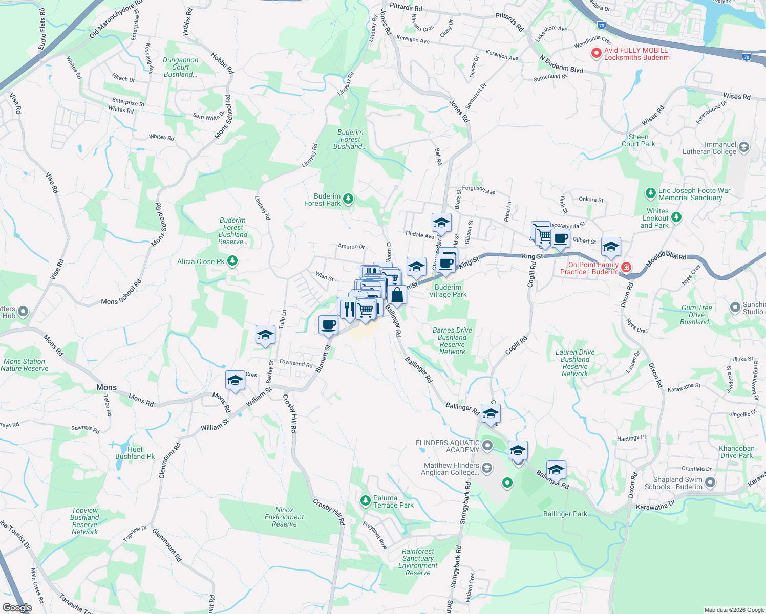 map of restaurants, bars, coffee shops, grocery stores, and more near 2 Ballinger Crescent in Buderim
