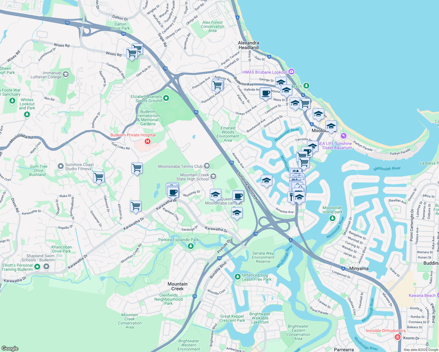 map of restaurants, bars, coffee shops, grocery stores, and more near 85-87 Lady Musgrave Drive in Mountain Creek