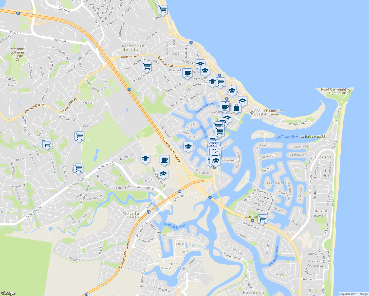 map of restaurants, bars, coffee shops, grocery stores, and more near 46 Coppabella Crescent in Mooloolaba