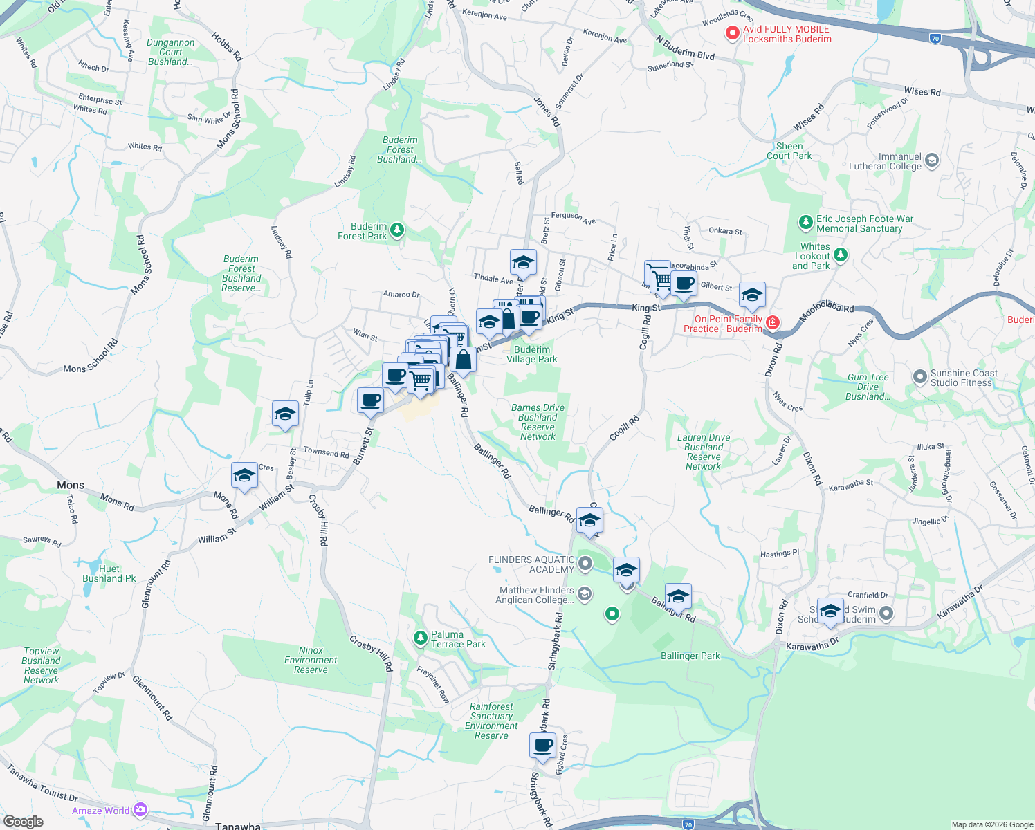 map of restaurants, bars, coffee shops, grocery stores, and more near 25 Barnes Drive in Buderim