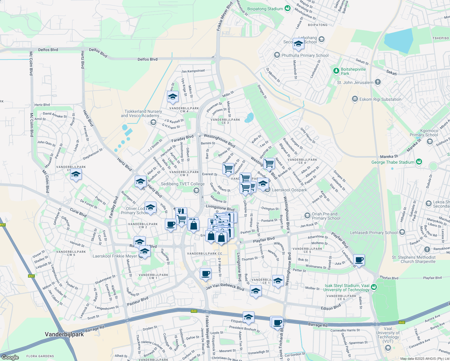 map of restaurants, bars, coffee shops, grocery stores, and more near 508 Everest Street in Vanderbijlpark