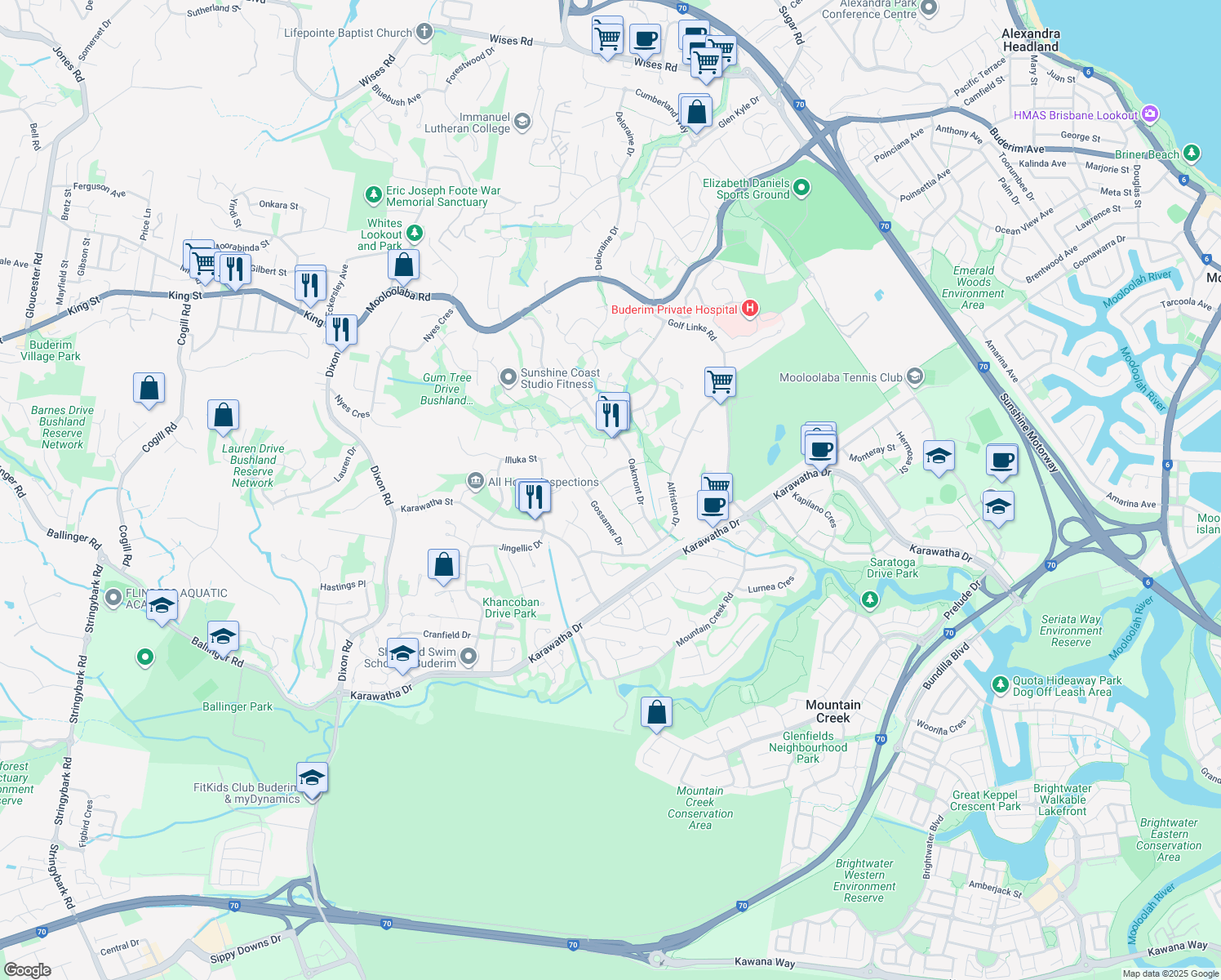 map of restaurants, bars, coffee shops, grocery stores, and more near 12 Carlyle Court in Buderim