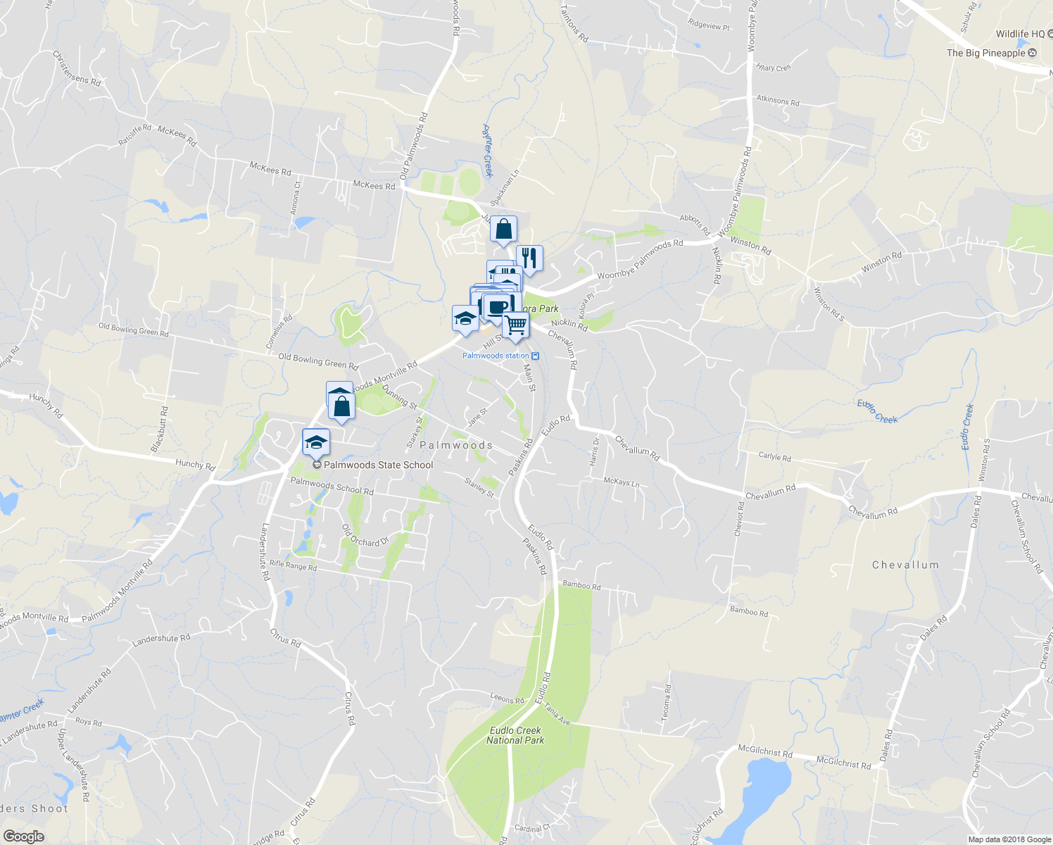 map of restaurants, bars, coffee shops, grocery stores, and more near 72 Main Street in Palmwoods