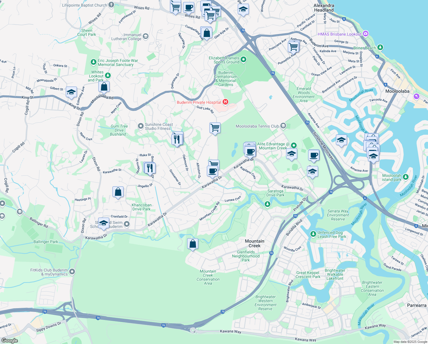 map of restaurants, bars, coffee shops, grocery stores, and more near 39 Lee Street in Buderim