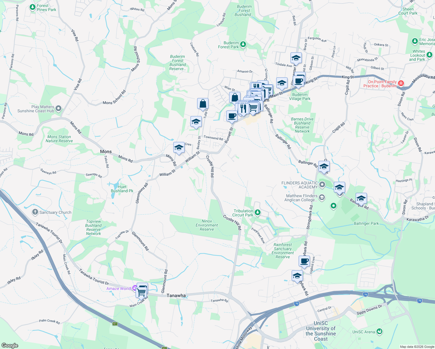 map of restaurants, bars, coffee shops, grocery stores, and more near 16 MacKenzie Green in Buderim