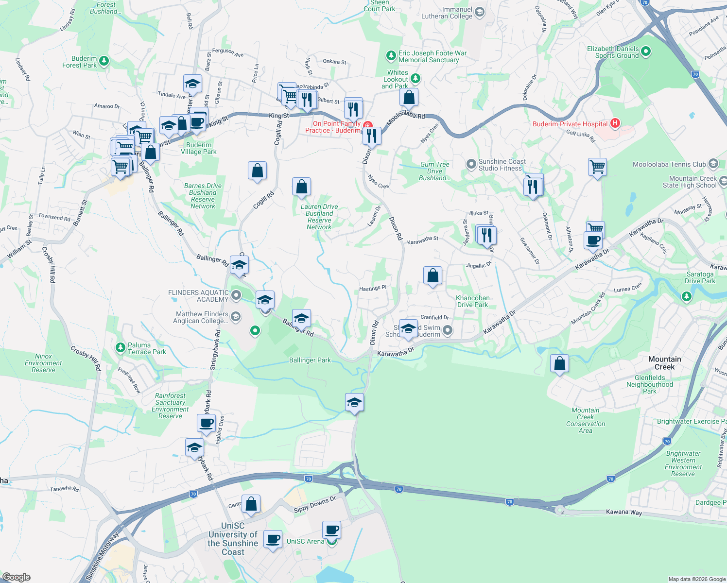 map of restaurants, bars, coffee shops, grocery stores, and more near 4 Hastings Place in Buderim