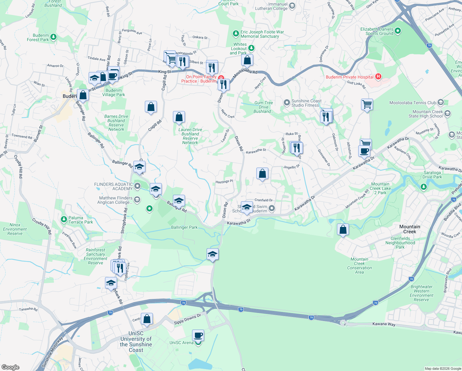 map of restaurants, bars, coffee shops, grocery stores, and more near 19 Dawes Drive in Buderim