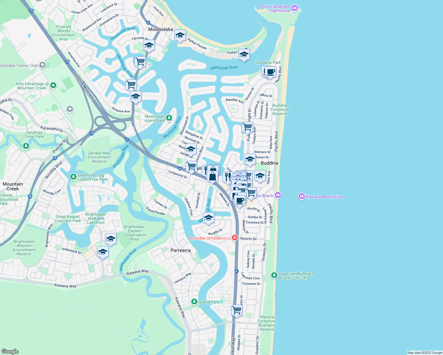 map of restaurants, bars, coffee shops, grocery stores, and more near Nicklin Way in Buddina