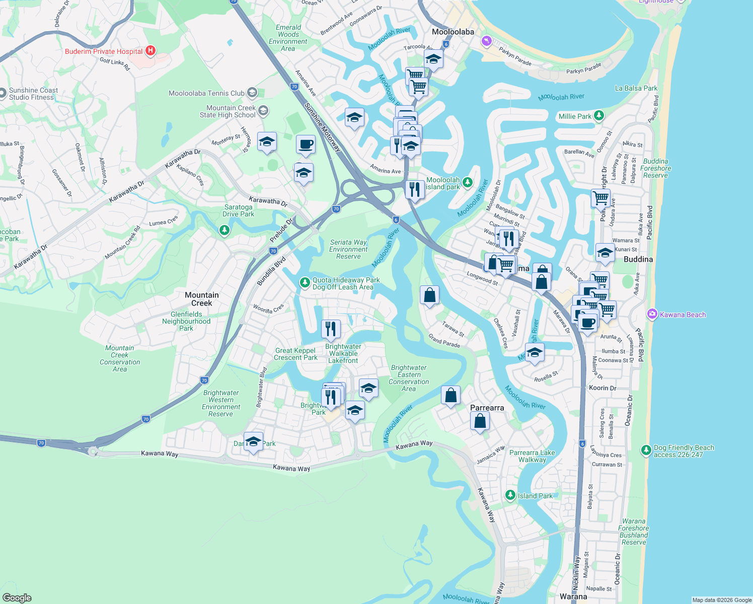 map of restaurants, bars, coffee shops, grocery stores, and more near 5 Ewinga Court in Mountain Creek
