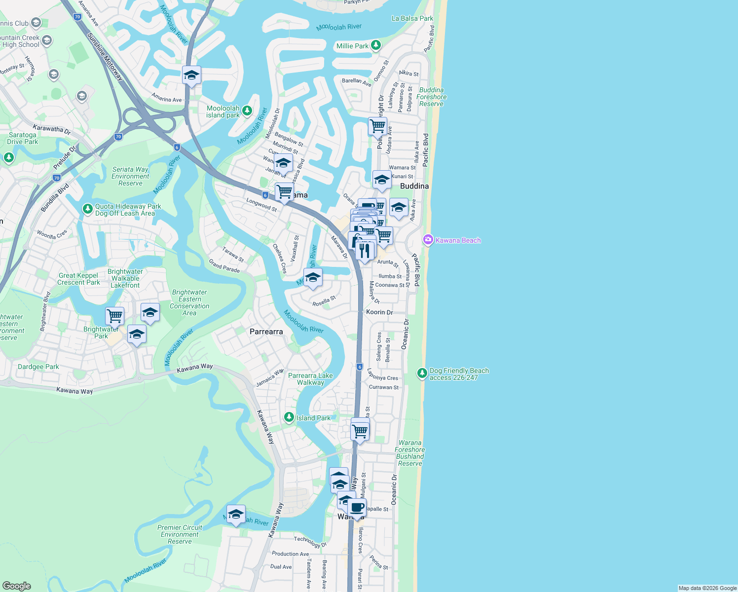 map of restaurants, bars, coffee shops, grocery stores, and more near 24 Malinya Drive in Buddina