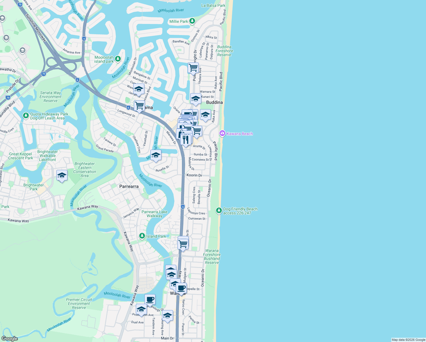 map of restaurants, bars, coffee shops, grocery stores, and more near 145 Lowanna Drive in Buddina