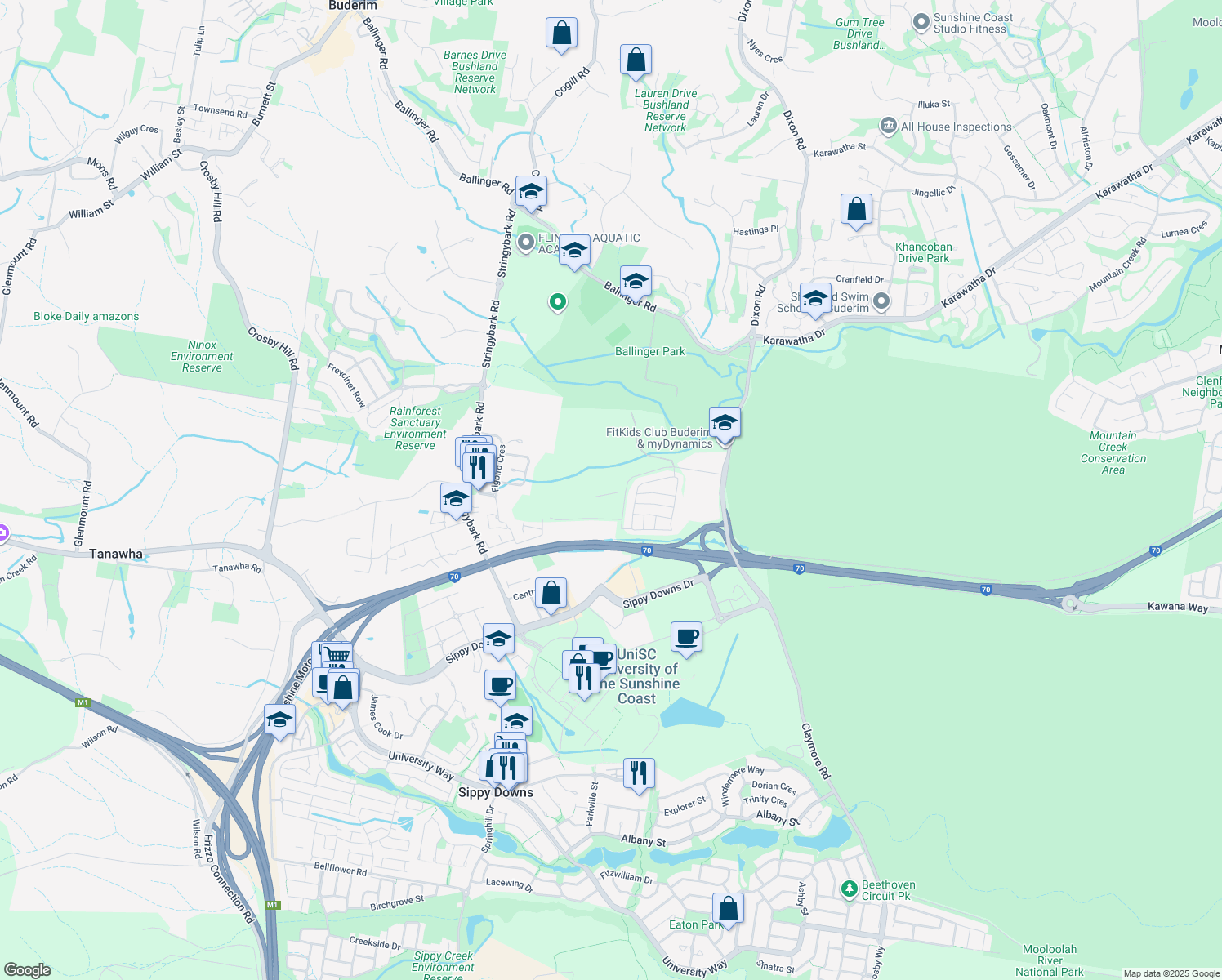 map of restaurants, bars, coffee shops, grocery stores, and more near 61 Power Road in Buderim