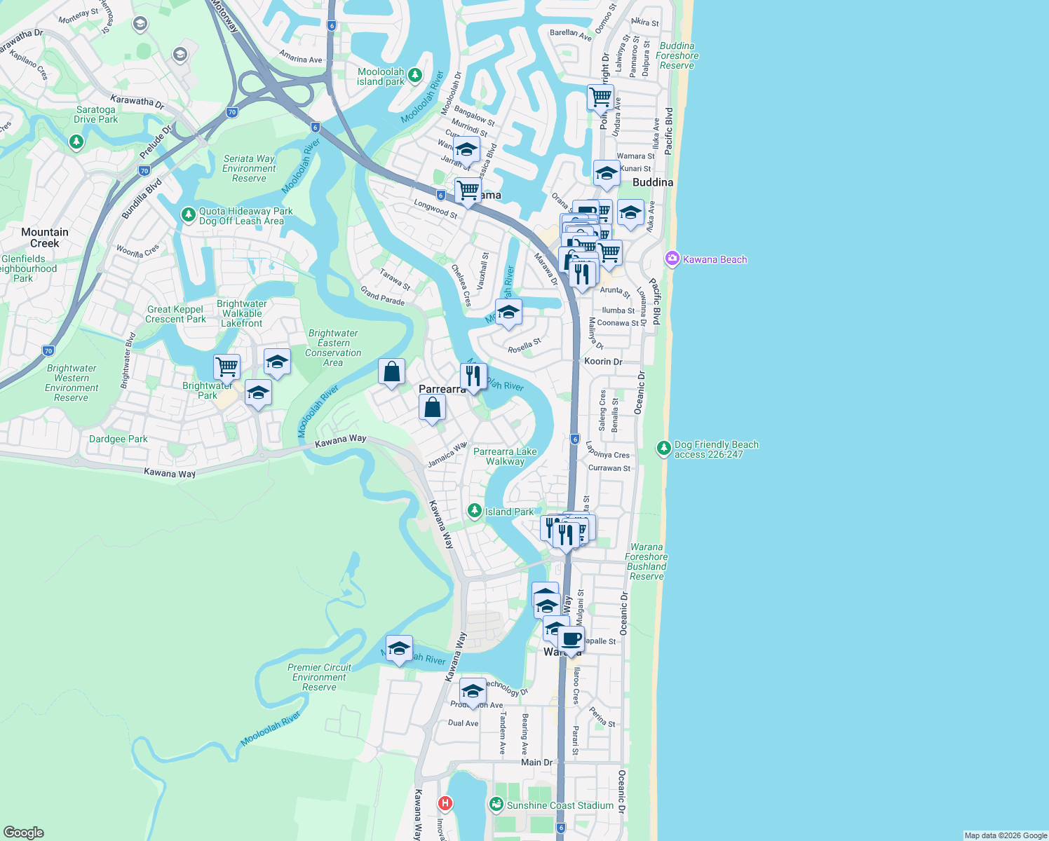 map of restaurants, bars, coffee shops, grocery stores, and more near 16 Saint Lucia Crescent in Parrearra