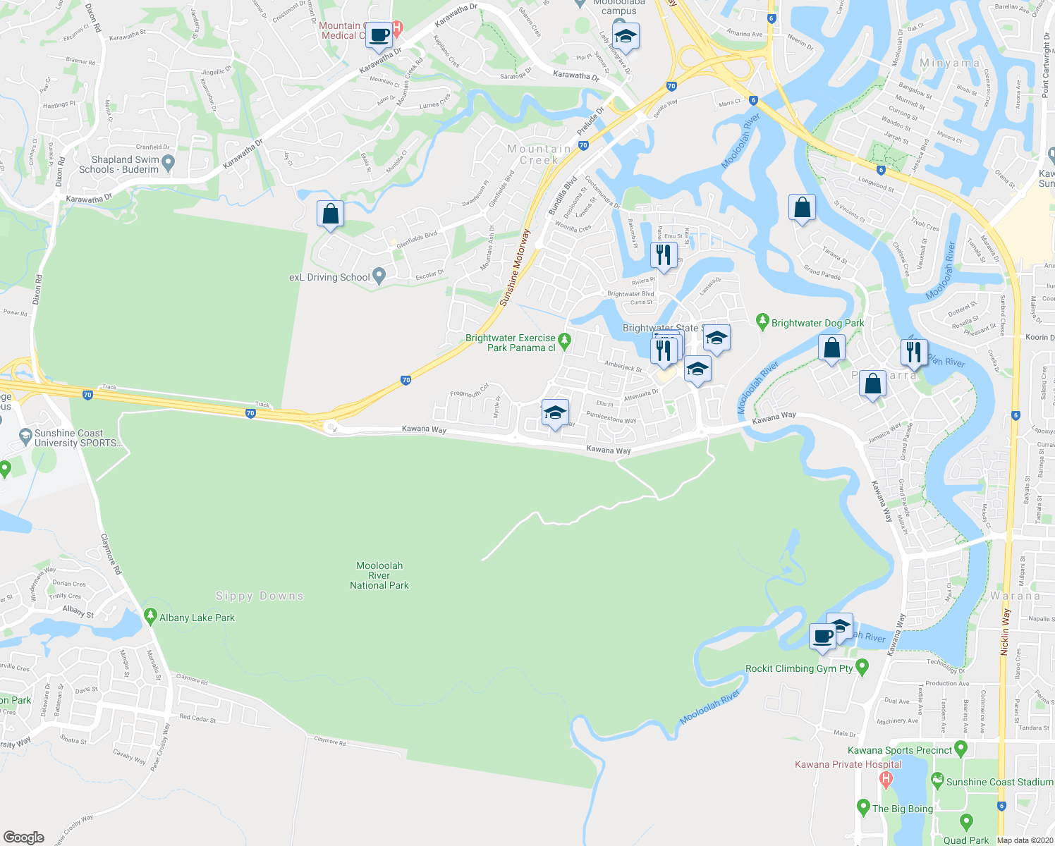 map of restaurants, bars, coffee shops, grocery stores, and more near 11 Kurrimine Crescent in Mountain Creek