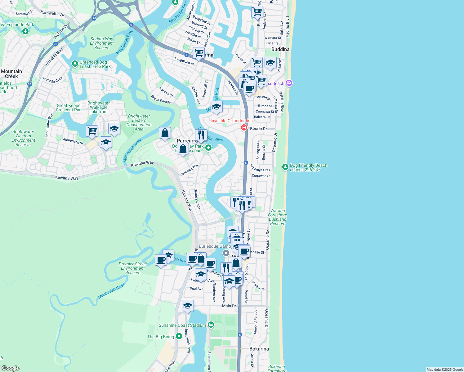 map of restaurants, bars, coffee shops, grocery stores, and more near 6 Melody Court in Warana