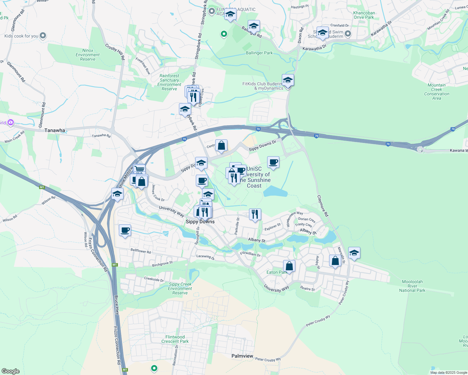 map of restaurants, bars, coffee shops, grocery stores, and more near 90 Sippy Downs Drive in Sippy Downs