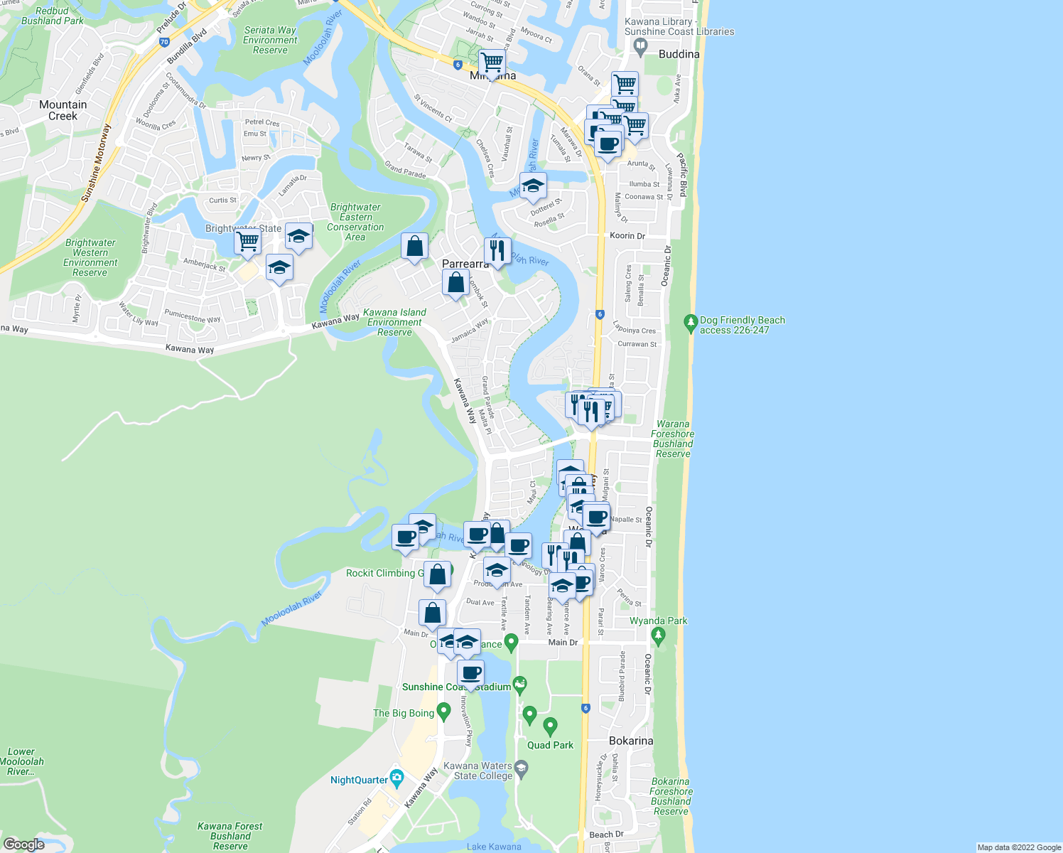 map of restaurants, bars, coffee shops, grocery stores, and more near 9 Santorini Court in Parrearra