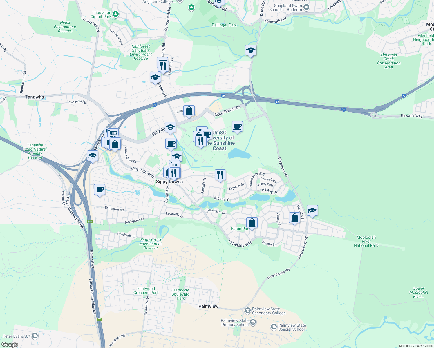 map of restaurants, bars, coffee shops, grocery stores, and more near 7-13 Varsityview Court in Sippy Downs