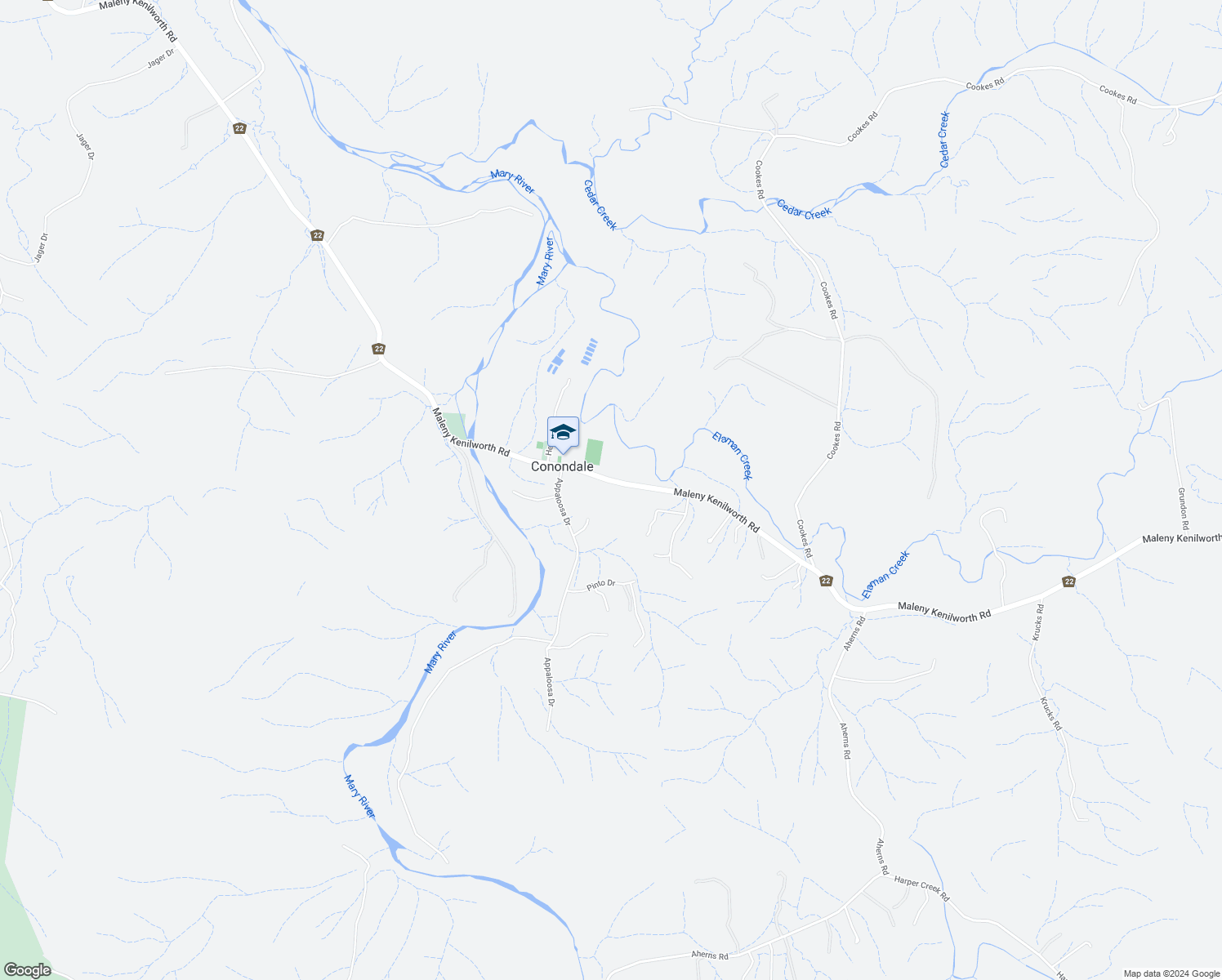 map of restaurants, bars, coffee shops, grocery stores, and more near 1675 Maleny-Kenilworth Road in Conondale