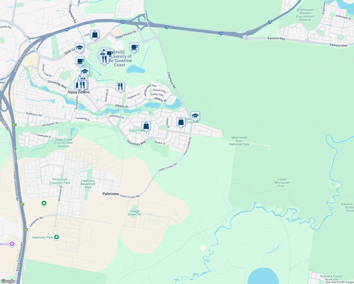 map of restaurants, bars, coffee shops, grocery stores, and more near 24 Flame Tree Avenue in Sippy Downs