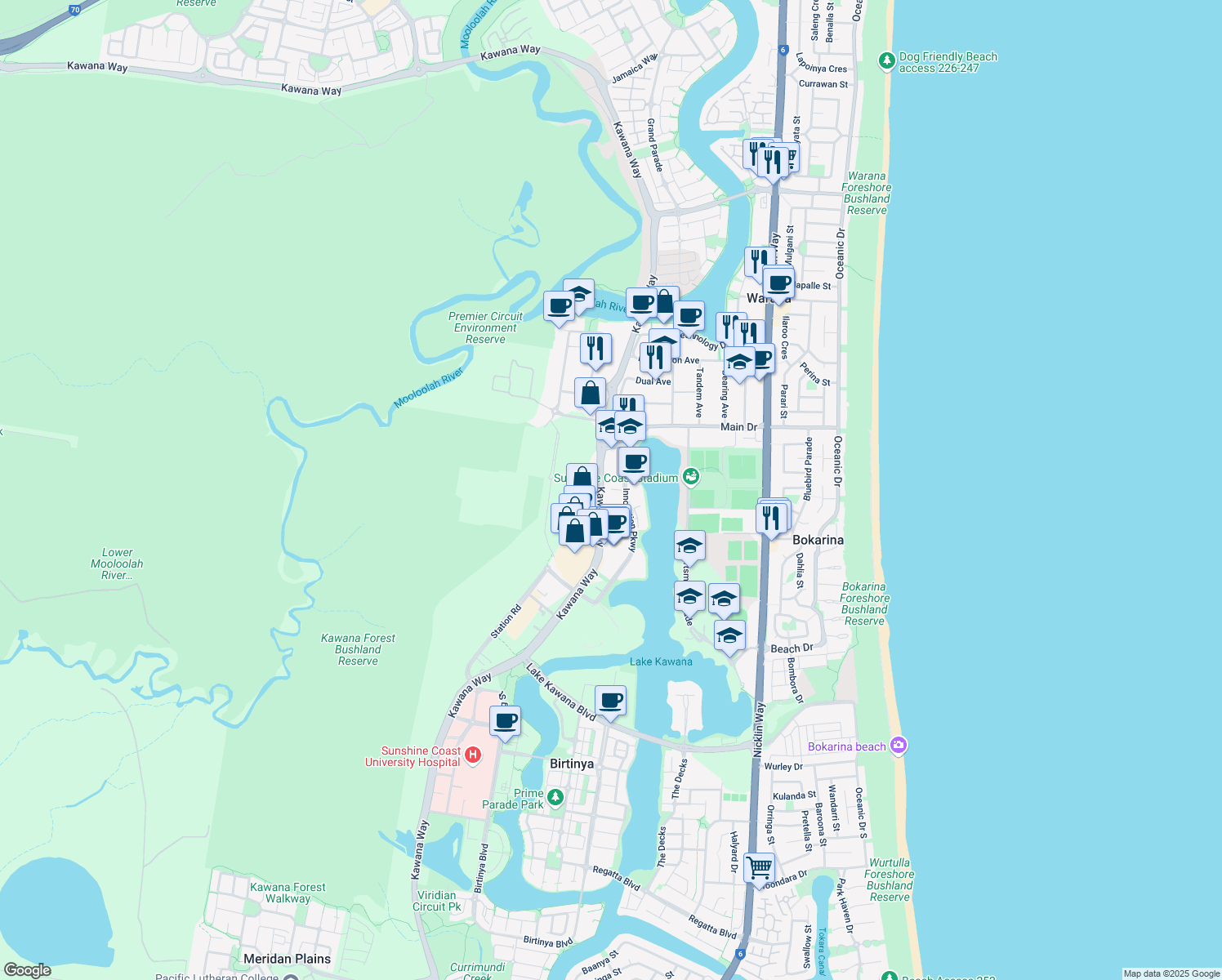 map of restaurants, bars, coffee shops, grocery stores, and more near 12 Innovation Parkway in Birtinya