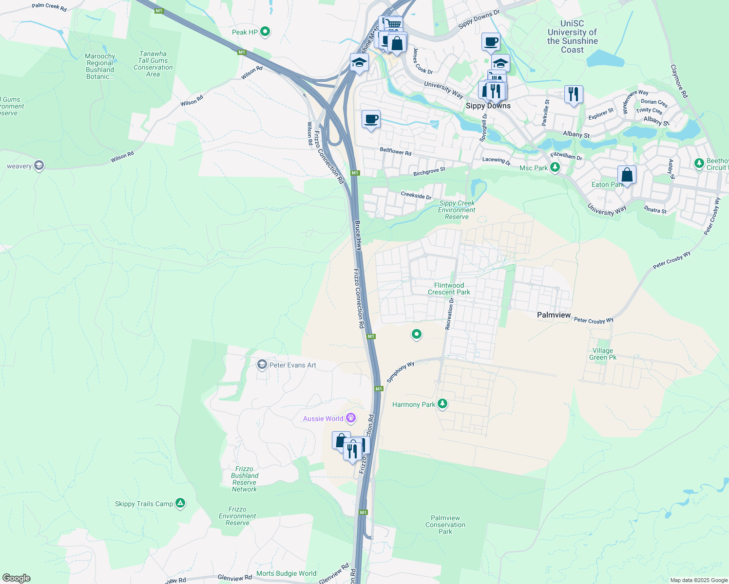 map of restaurants, bars, coffee shops, grocery stores, and more near 6324 Bruce Highway in Palmview