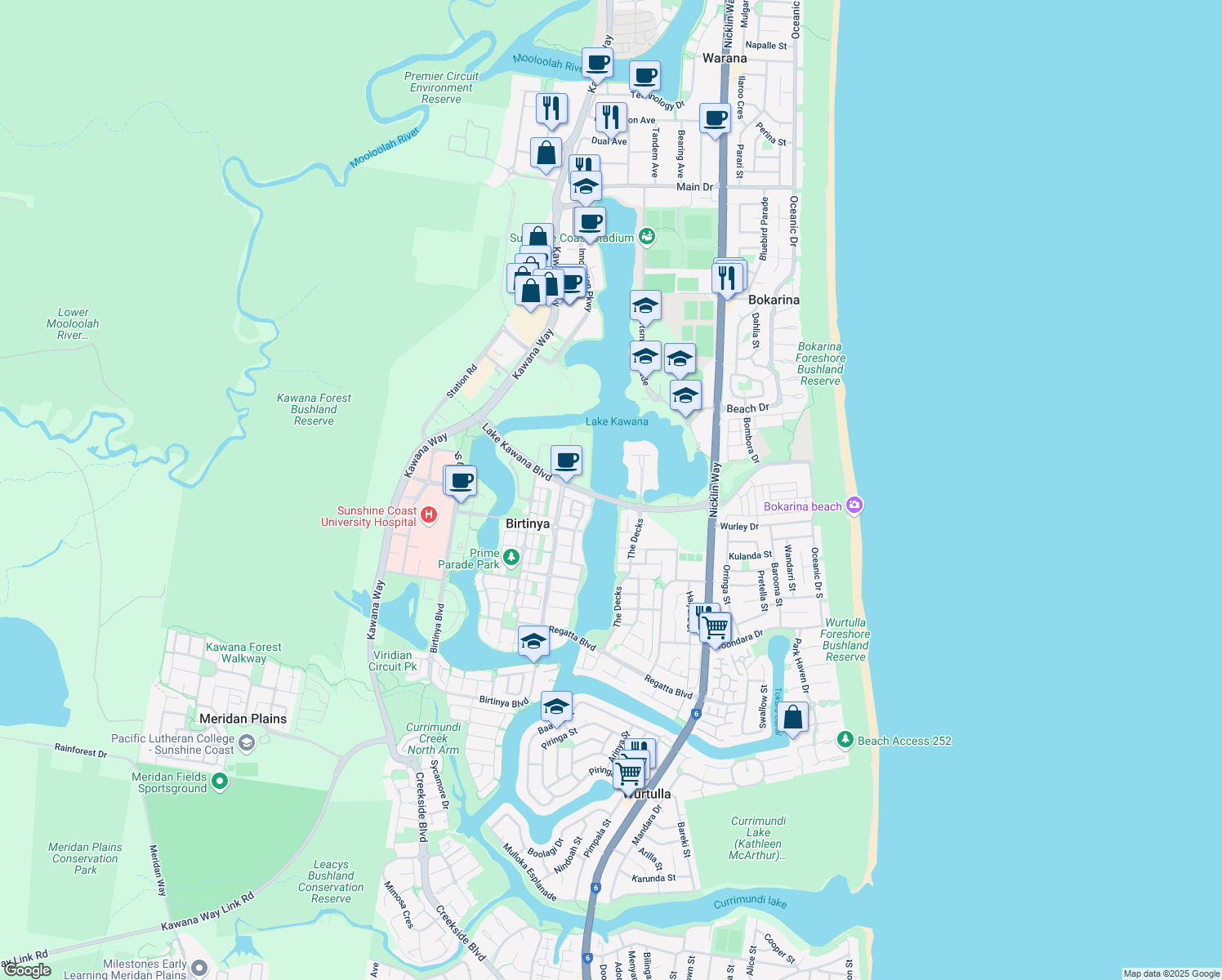 map of restaurants, bars, coffee shops, grocery stores, and more near Nicklin Way in Buddina