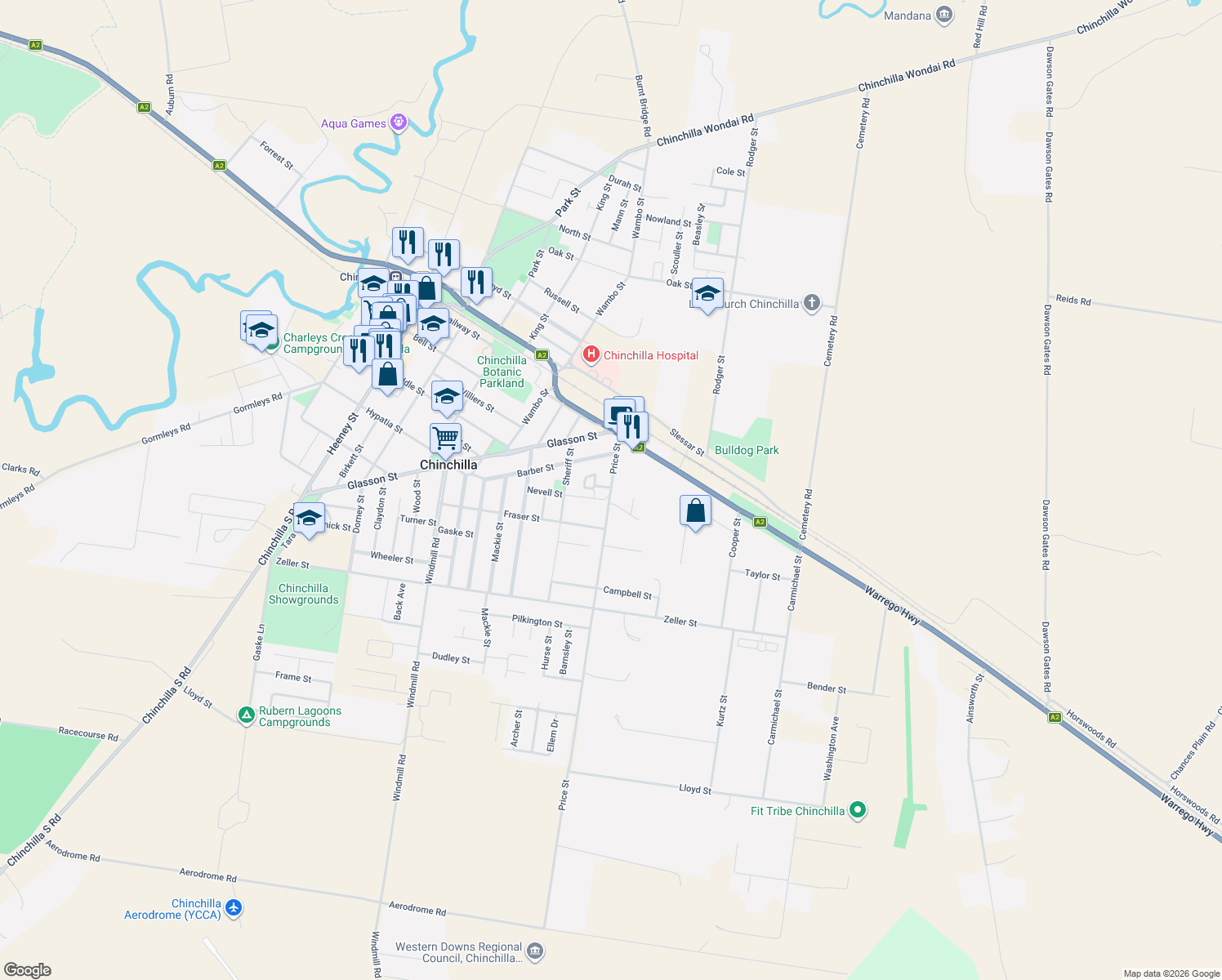map of restaurants, bars, coffee shops, grocery stores, and more near 26 Price Street in Chinchilla