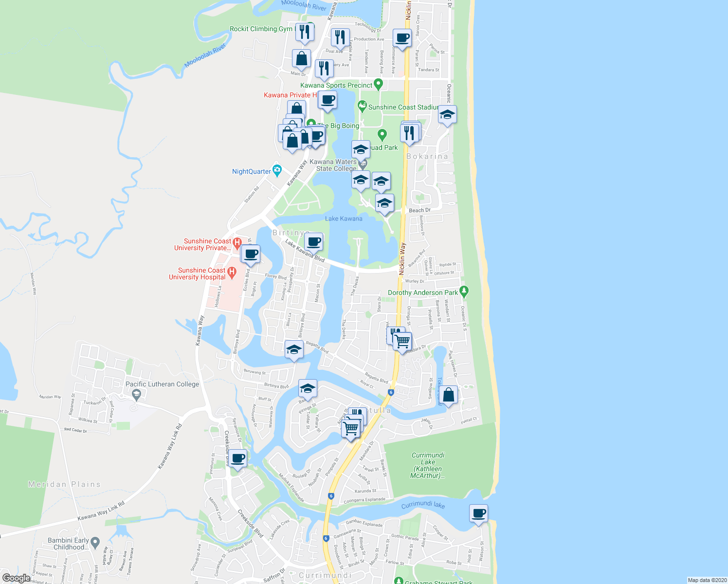map of restaurants, bars, coffee shops, grocery stores, and more near 11 Cutter Street in Wurtulla