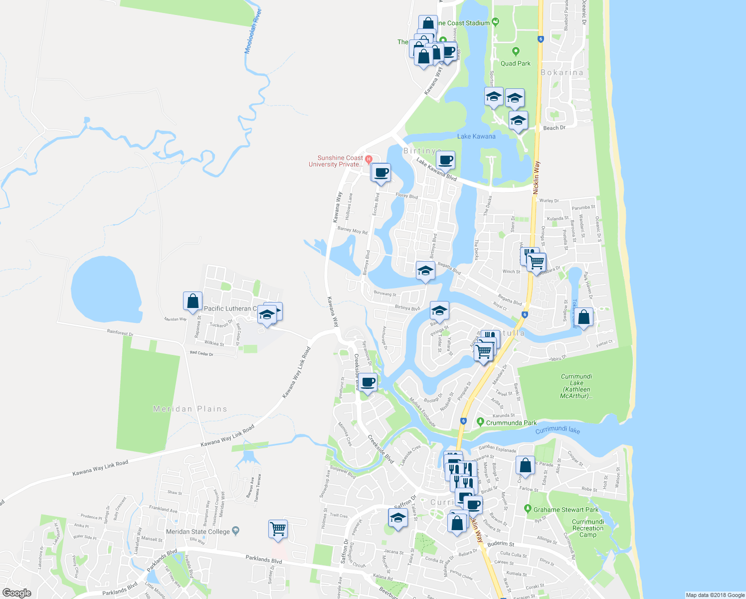 map of restaurants, bars, coffee shops, grocery stores, and more near 3 Parkland Close in Birtinya