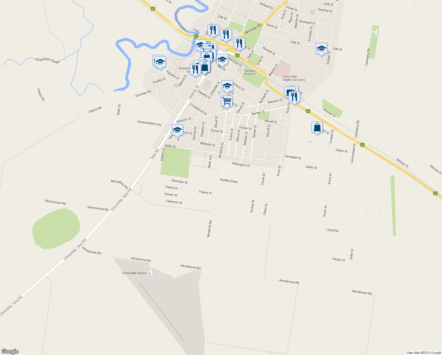 map of restaurants, bars, coffee shops, grocery stores, and more near LOT 8 Windmill Road in Chinchilla
