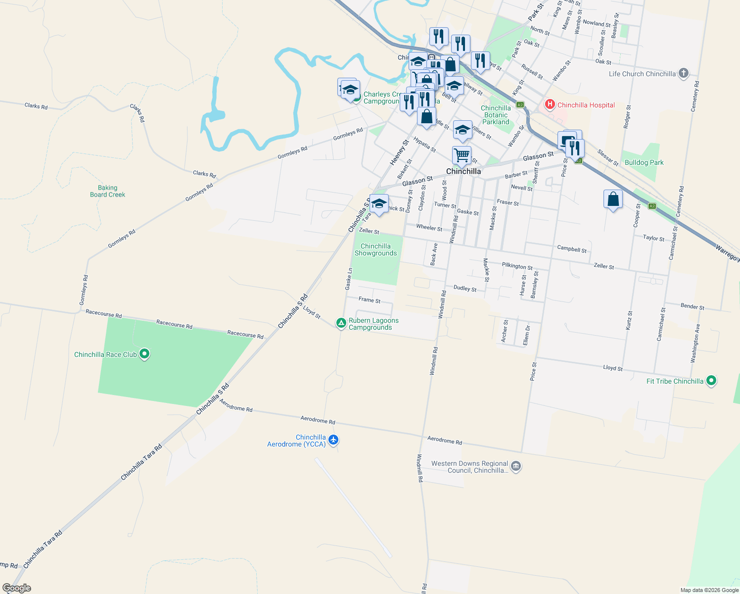map of restaurants, bars, coffee shops, grocery stores, and more near 1 Irwin Street in Chinchilla