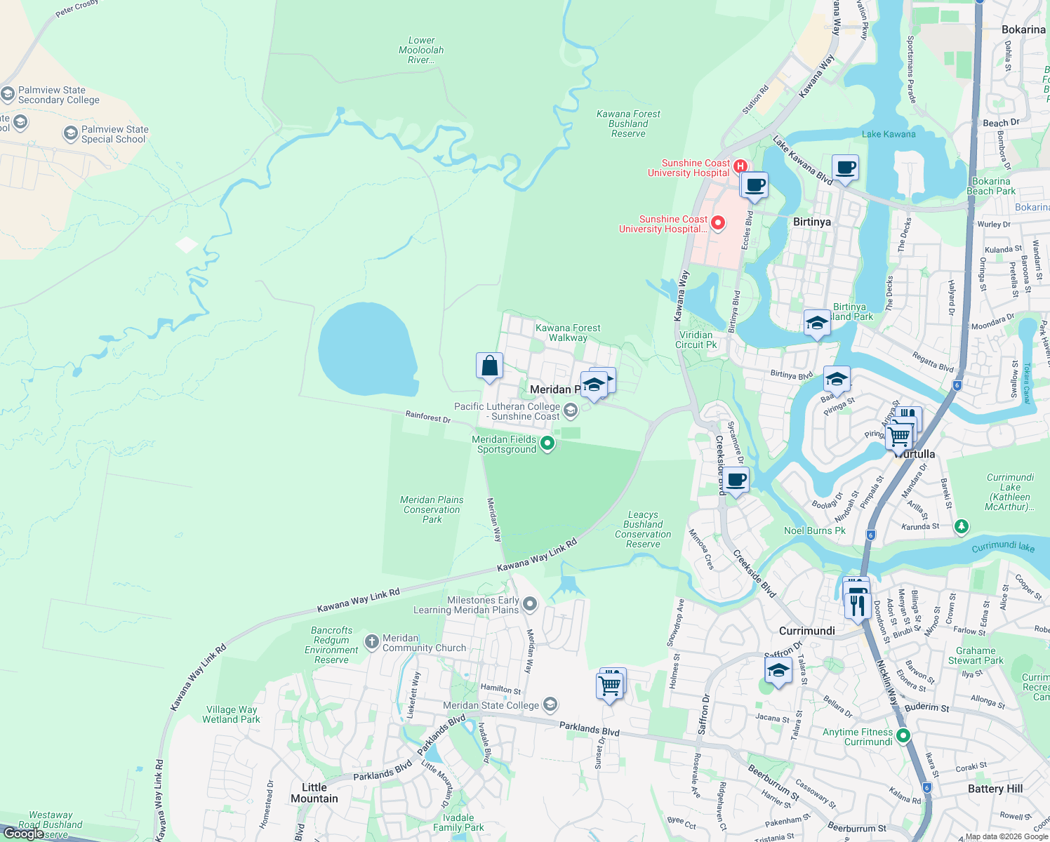 map of restaurants, bars, coffee shops, grocery stores, and more near 12 Wilkiea Street in Meridan Plains