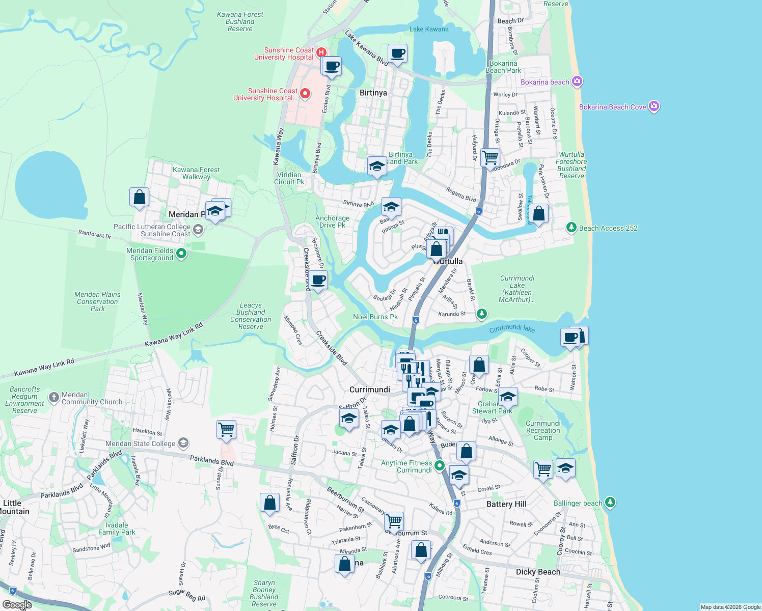 map of restaurants, bars, coffee shops, grocery stores, and more near 8 Kowandi Street in Wurtulla