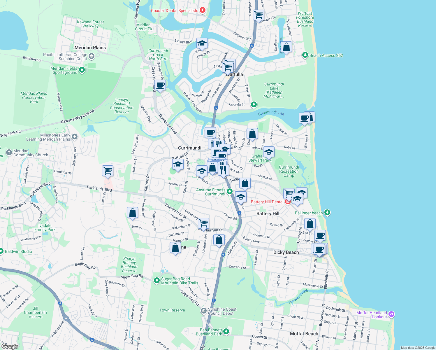 map of restaurants, bars, coffee shops, grocery stores, and more near Nicklin Way in Currimundi