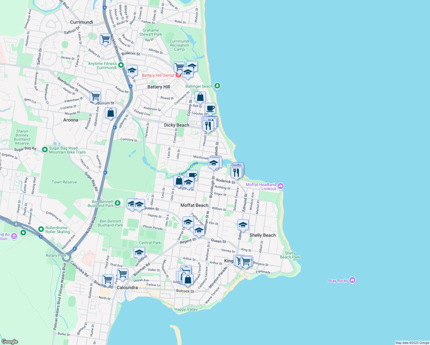 map of restaurants, bars, coffee shops, grocery stores, and more near 32 Kingsford Smith Parade in Moffat Beach