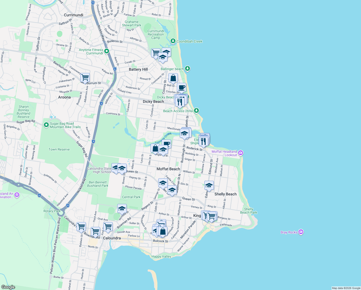 map of restaurants, bars, coffee shops, grocery stores, and more near 63 Roderick Street in Moffat Beach