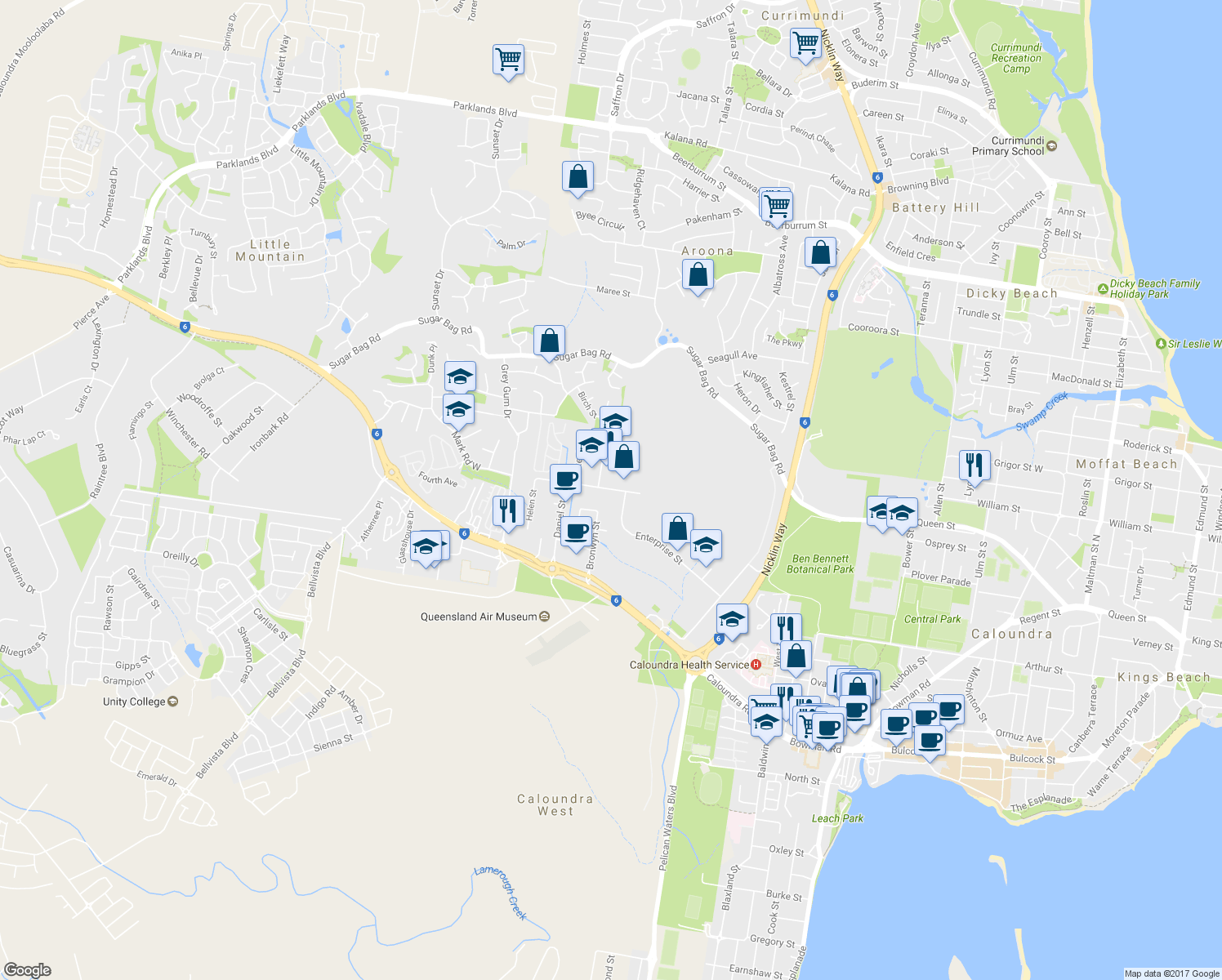 map of restaurants, bars, coffee shops, grocery stores, and more near 159 Mark Road East in Caloundra West