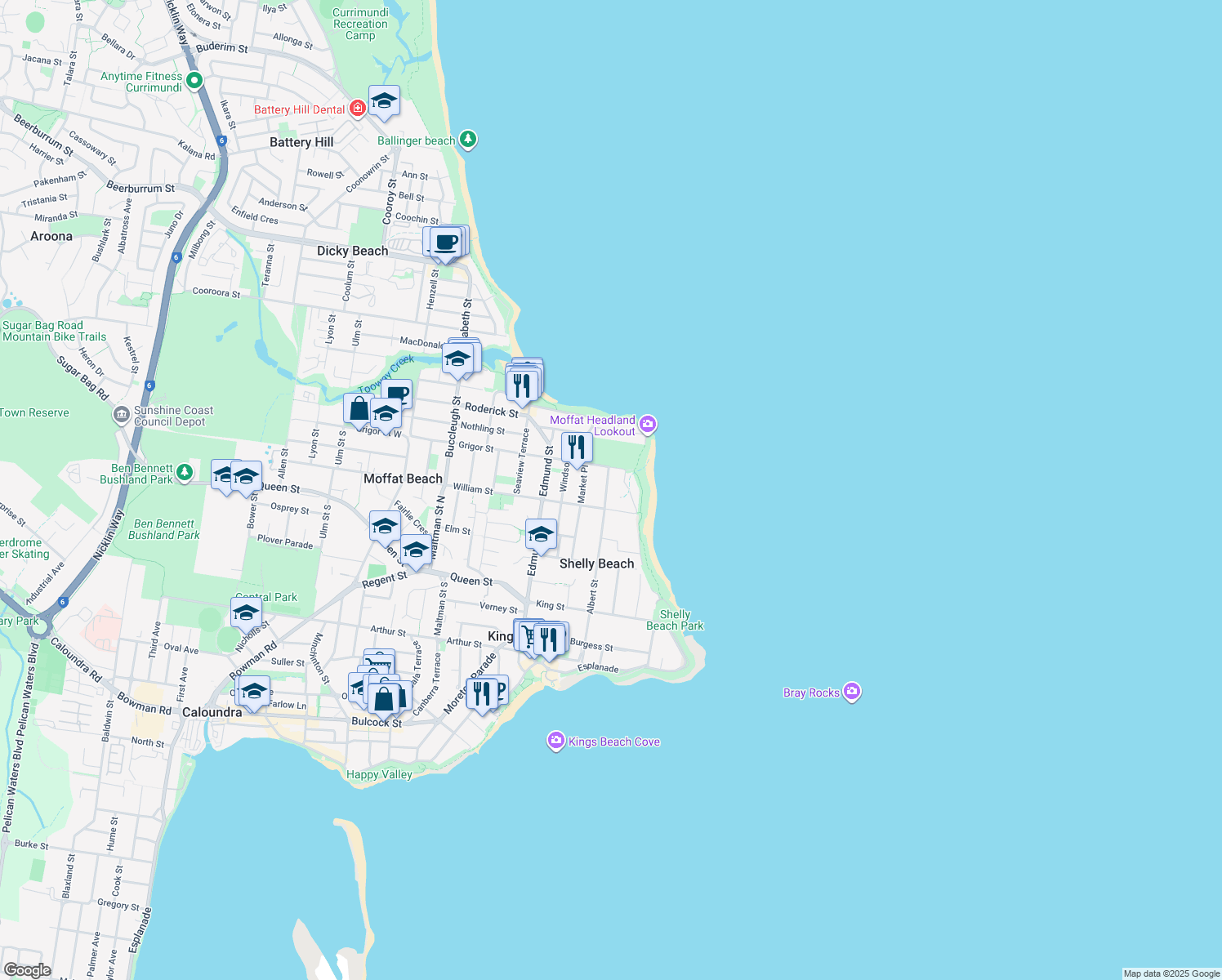 map of restaurants, bars, coffee shops, grocery stores, and more near 11 Wellington Parade in Moffat Beach