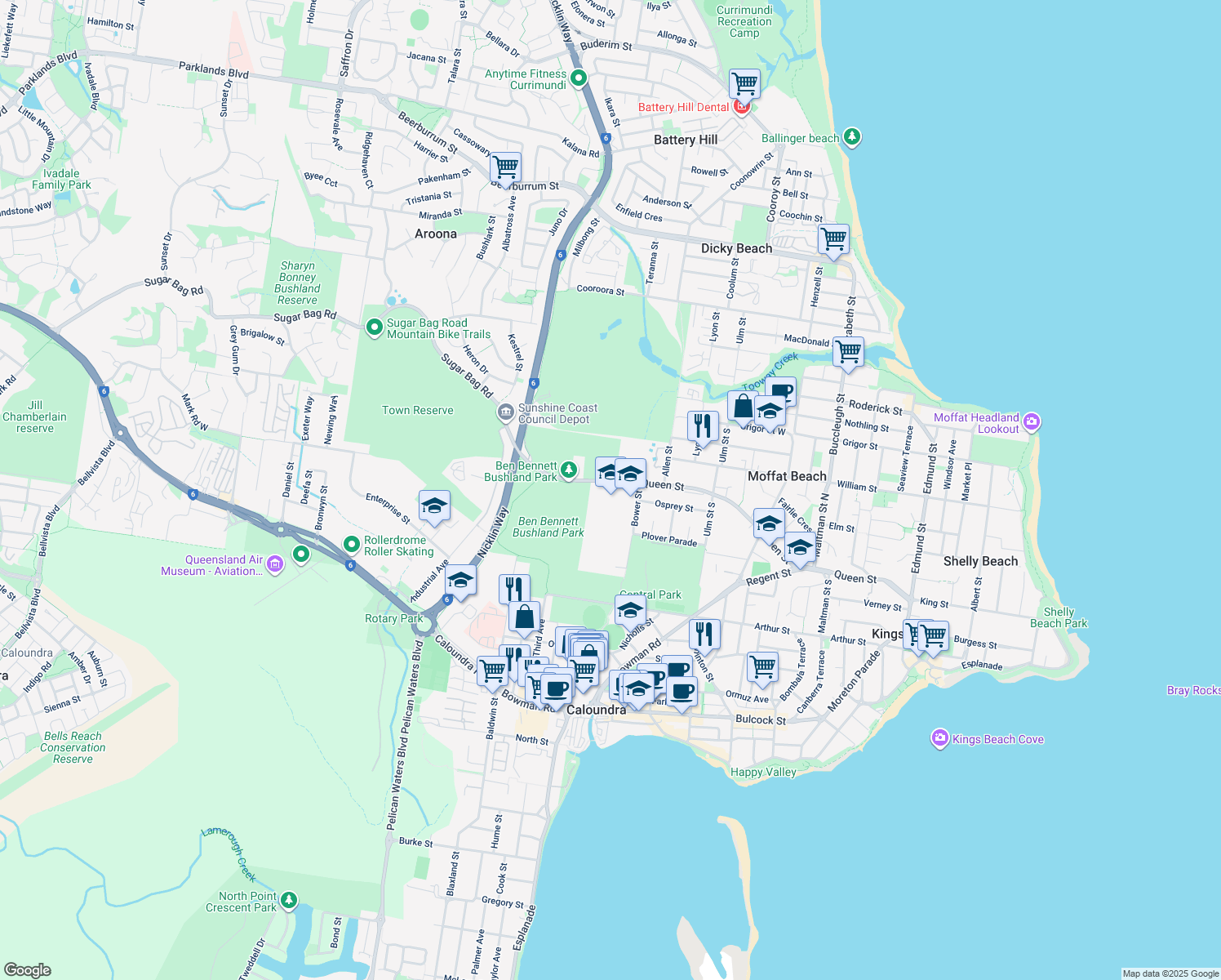 map of restaurants, bars, coffee shops, grocery stores, and more near 88 Queen Street in Caloundra